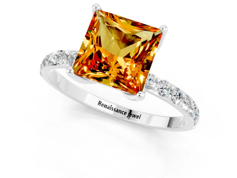 White gold Princess Cut Citrine Solitaire Engagement Ring with Pavé Band and Prong Setting_1