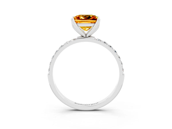 Platinum Princess Cut Citrine Solitaire Engagement Ring with Round  Pavé Band and Prong Setting