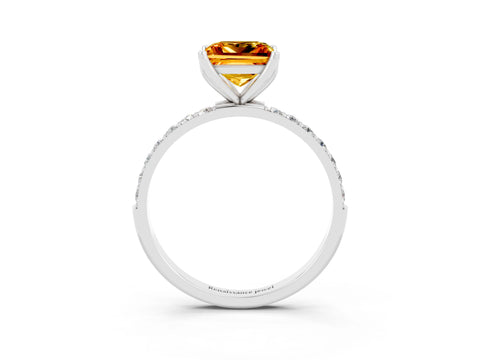 White gold Princess Cut Citrine Solitaire Engagement Ring with Pavé Band and Prong Setting_3