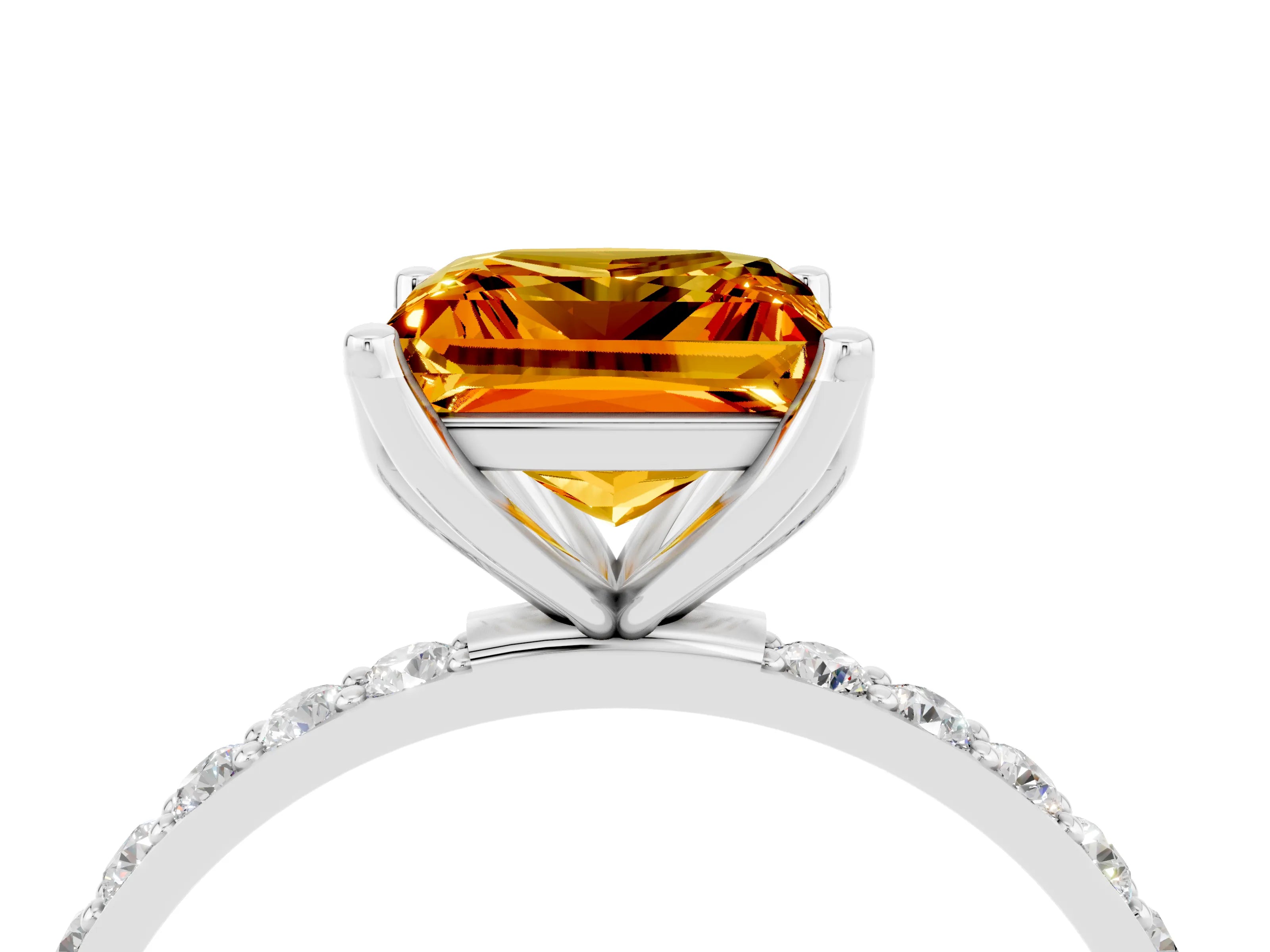 White gold Princess Cut Citrine Solitaire Engagement Ring with Pavé Band and Prong Setting_4