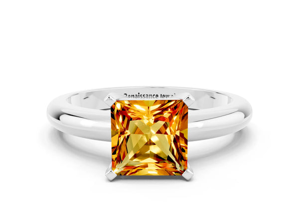 Platinum Princess Cut Citrine Solitaire Engagement Ring with Round Band and Four-Prong Setting