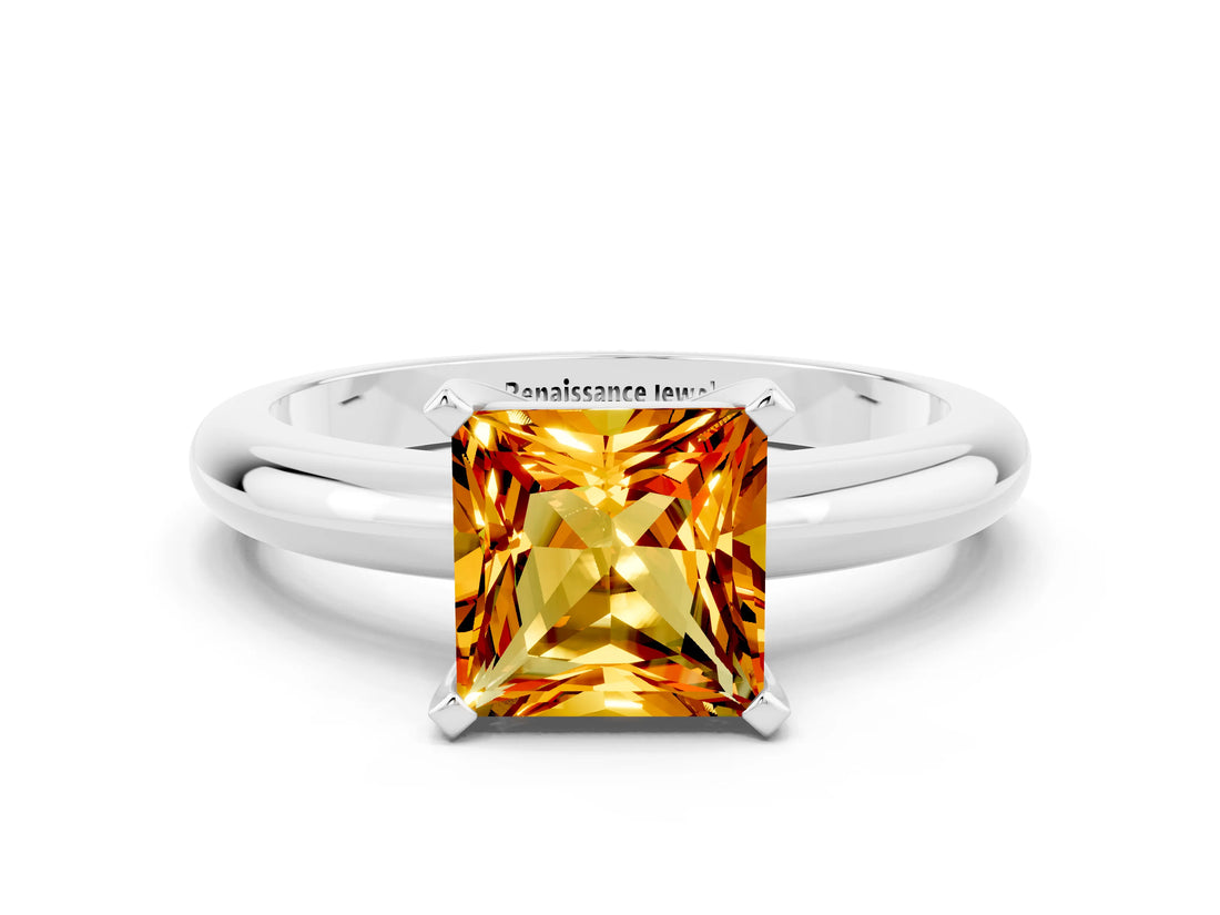 White gold Princess Cut Citrine Solitaire Engagement Ring with Round Band and Four-Prong Setting