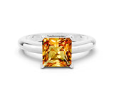 White gold Princess Cut Citrine Solitaire Engagement Ring with Round Band and Four-Prong Setting