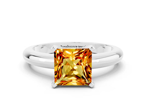 White gold Princess Cut Citrine Solitaire Engagement Ring with Round Band and Four-Prong Setting