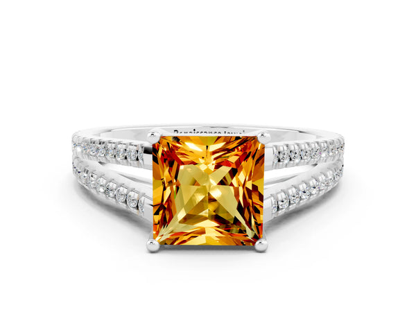Platinum Princess Cut Citrine Solitaire Engagement Ring with Split Shank Pavé Band