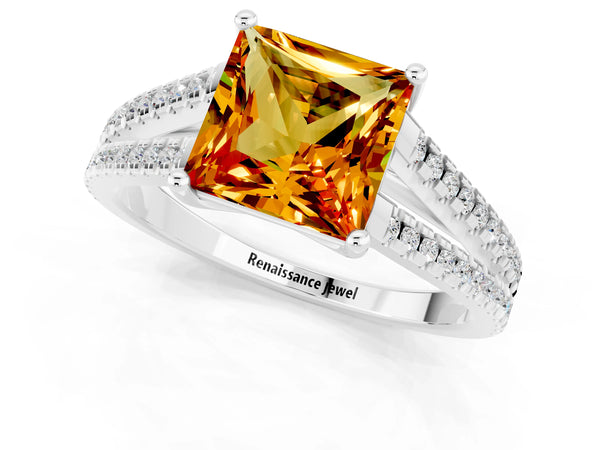 Silver Princess Cut Citrine Solitaire Engagement Ring with Split Shank Pavé Band