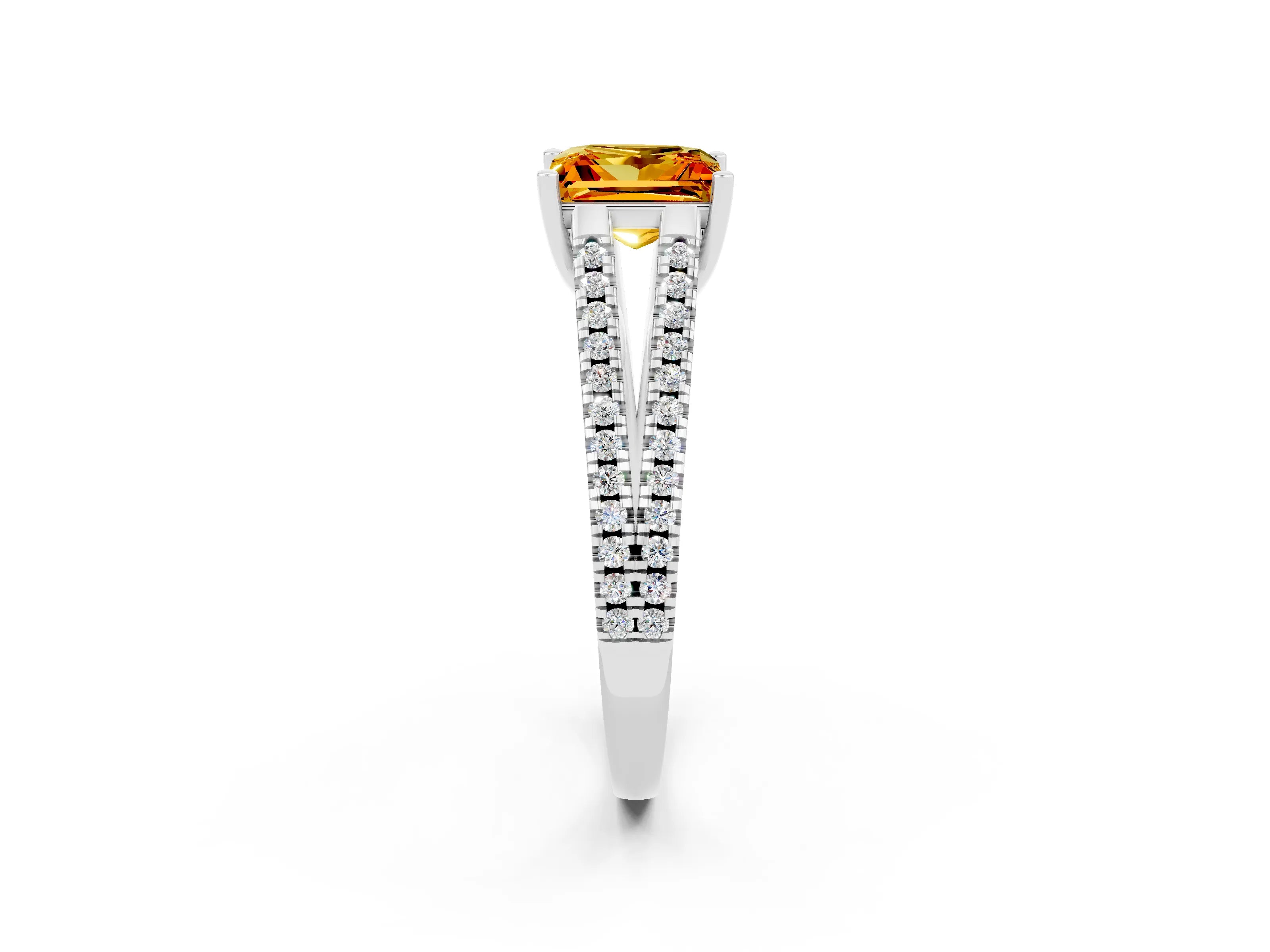 White gold Princess Cut Citrine Solitaire Engagement Ring with Split Shank Pavé Band_2