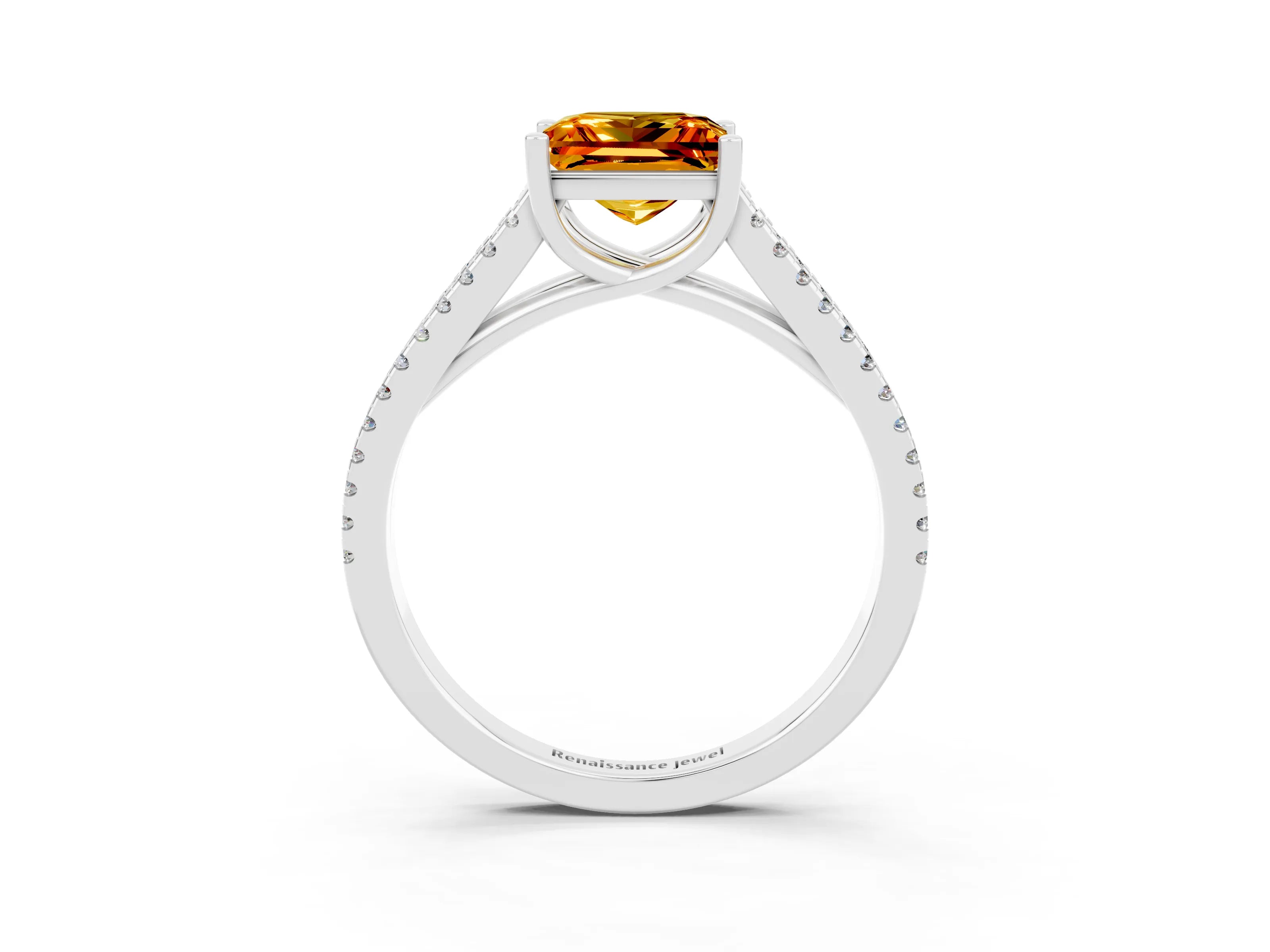 White gold Princess Cut Citrine Solitaire Engagement Ring with Split Shank Pavé Band_3