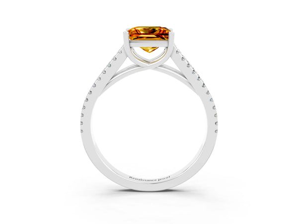 White gold Princess Cut Citrine Solitaire Engagement Ring with Split Shank Pavé Band