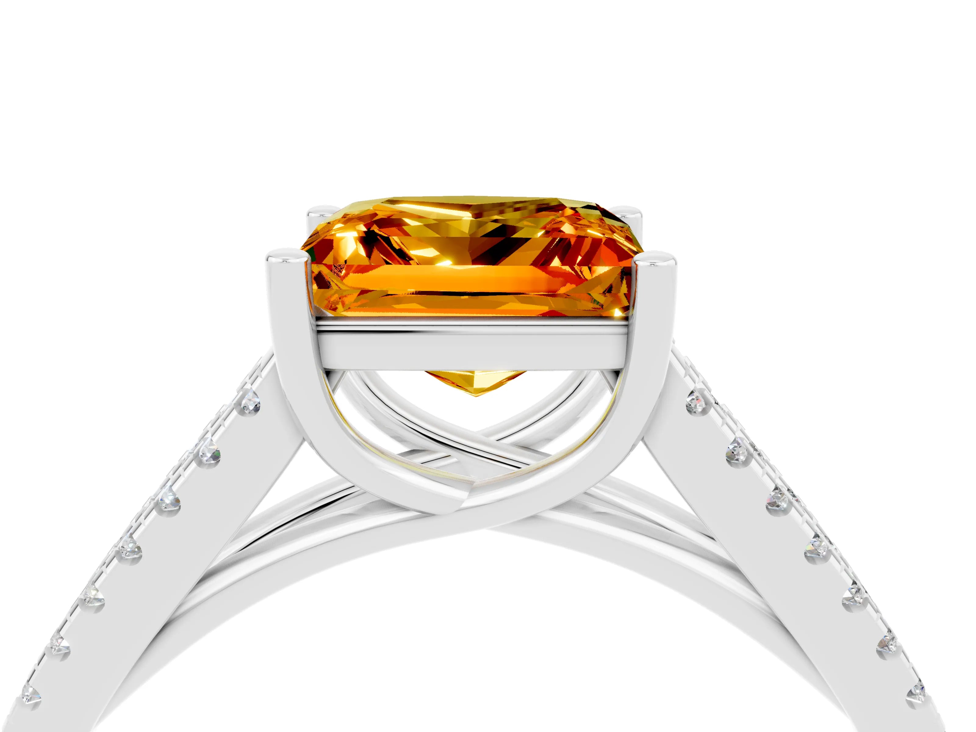 White gold Princess Cut Citrine Solitaire Engagement Ring with Split Shank Pavé Band_4