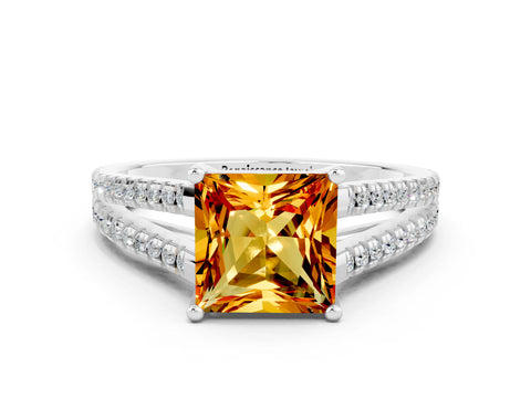 White gold Princess Cut Citrine Solitaire Engagement Ring with Split Shank Pavé Band
