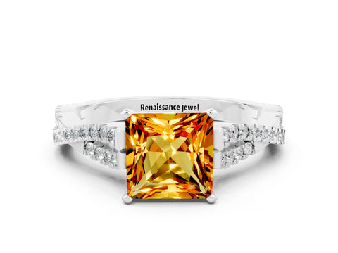 White gold Princess Cut Citrine Solitaire Engagement Ring with Twisted Pavé Band and Four-Prong Setting_12