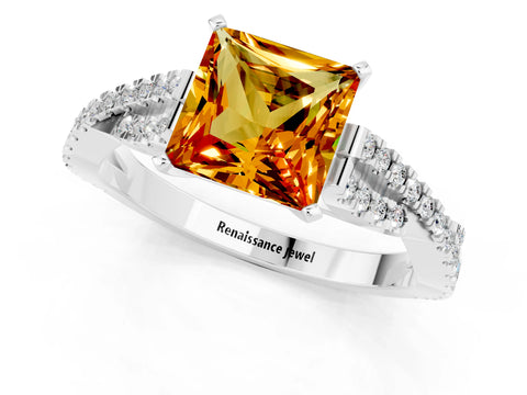White gold Princess Cut Citrine Solitaire Engagement Ring with Twisted Pavé Band and Four-Prong Setting_13