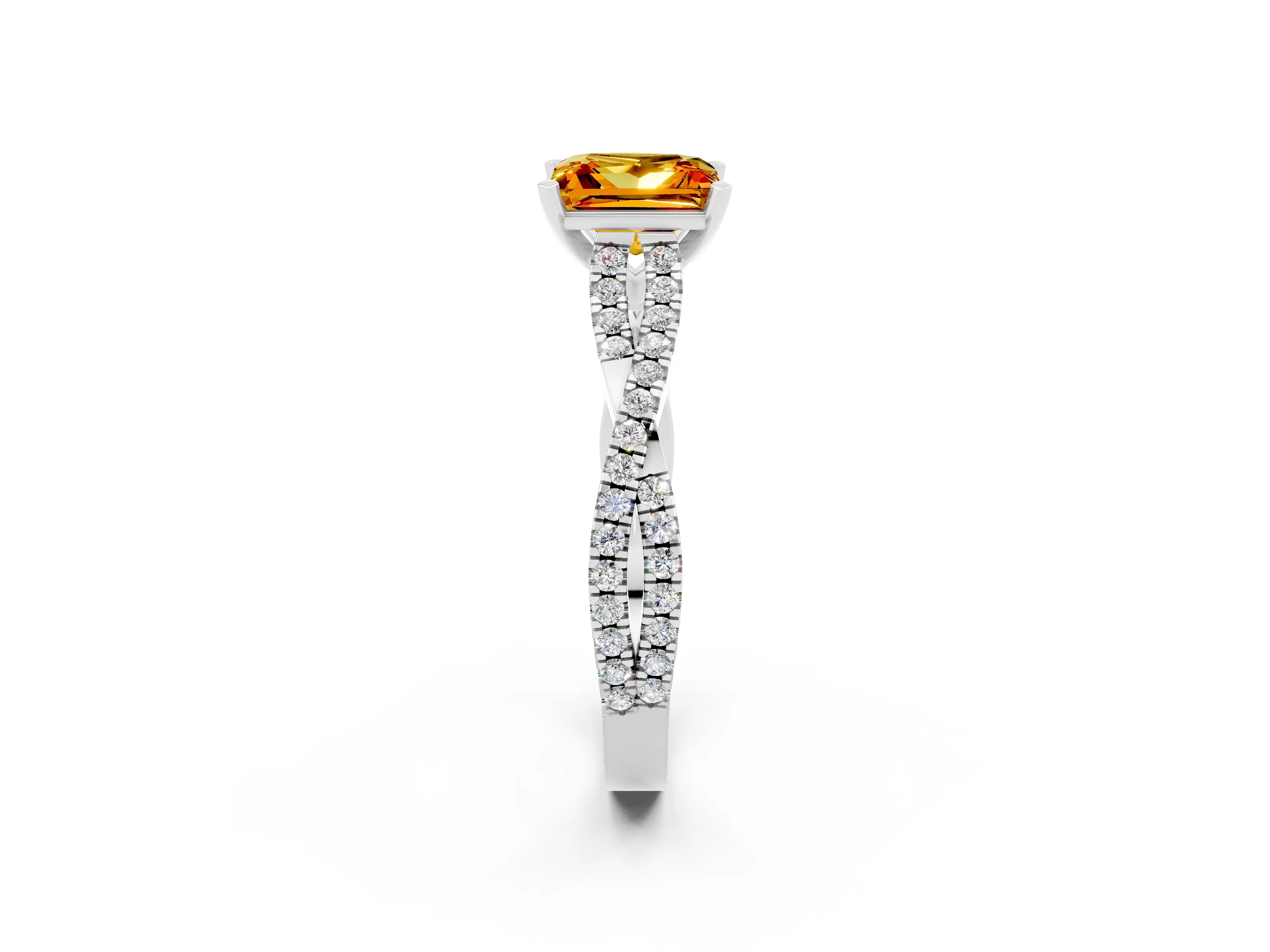 White gold Princess Cut Citrine Solitaire Engagement Ring with Twisted Pavé Band and Four-Prong Setting_14