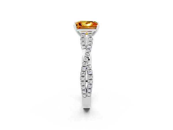 White gold Princess Cut Citrine Solitaire Engagement Ring with Twisted Pavé Band and Four-Prong Setting