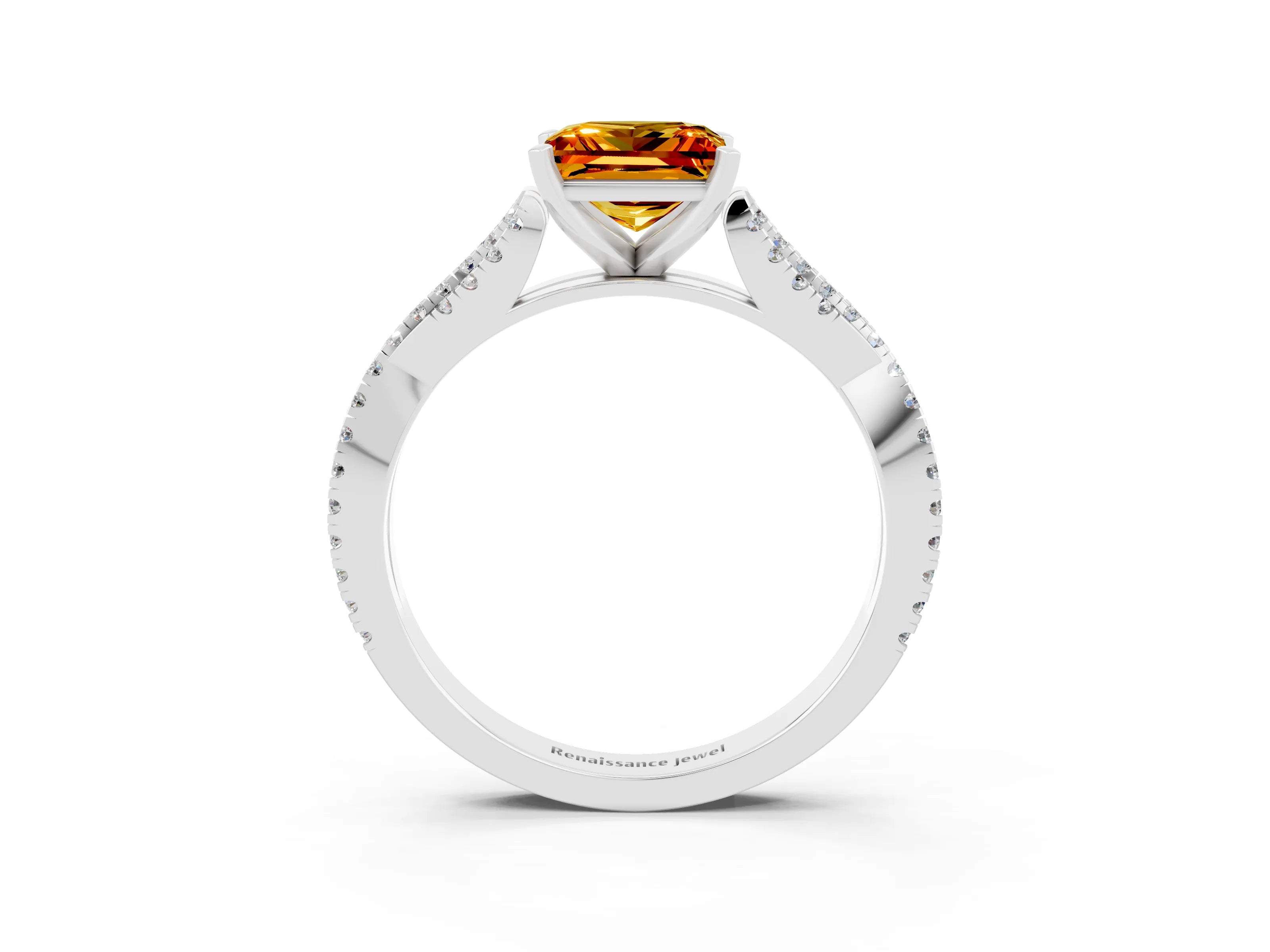 White gold Princess Cut Citrine Solitaire Engagement Ring with Twisted Pavé Band and Four-Prong Setting_15