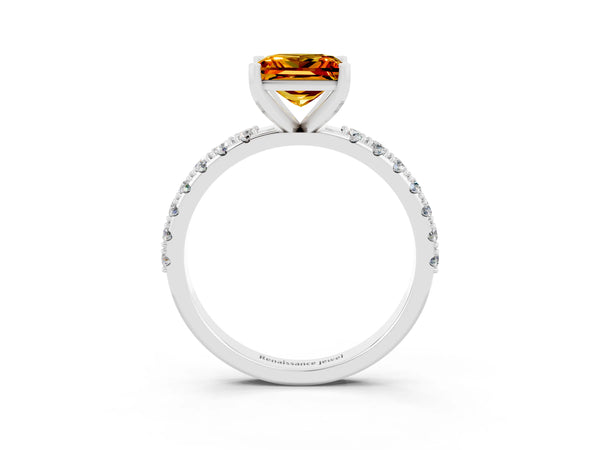 Platinum Princess Cut Citrine Solitaire Pavé Band with Four-Prong Setting