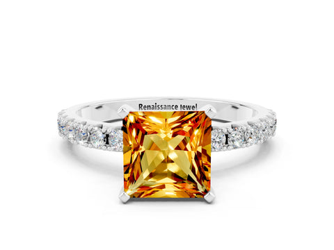 White gold Princess Cut Citrine Solitaire Pavé Band with Four-Prong Setting