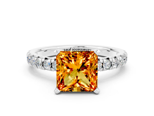 Silver Princess Cut Citrine Solitaire Pavé Engagement Ring with Round Band and Prong Setting