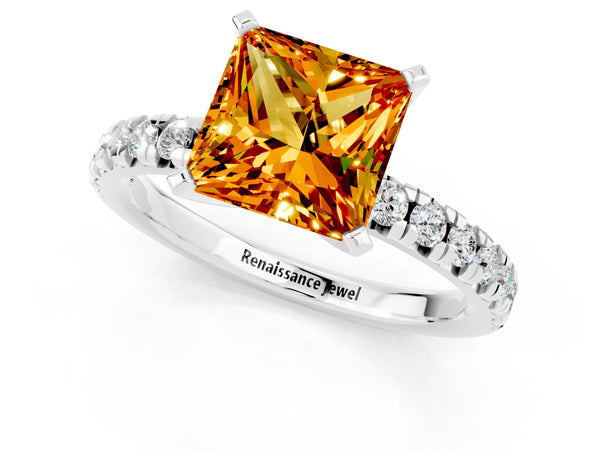Platinum Princess Cut Citrine Solitaire Pavé Engagement Ring with Round Band and Prong Setting
