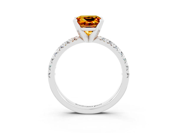 White gold Princess Cut Citrine Solitaire Pavé Engagement Ring with Round Band and Prong Setting