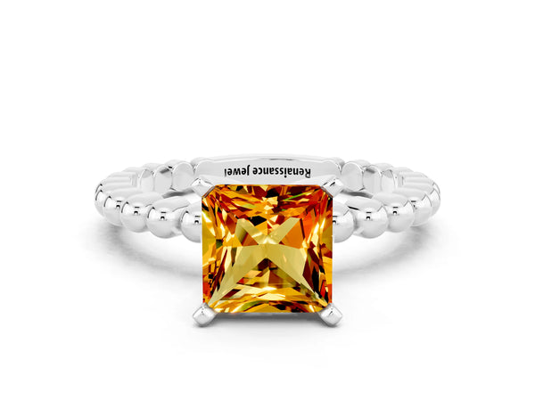 White gold Princess Cut Citrine Solitaire Ring with Beaded Band and Prong Setting
