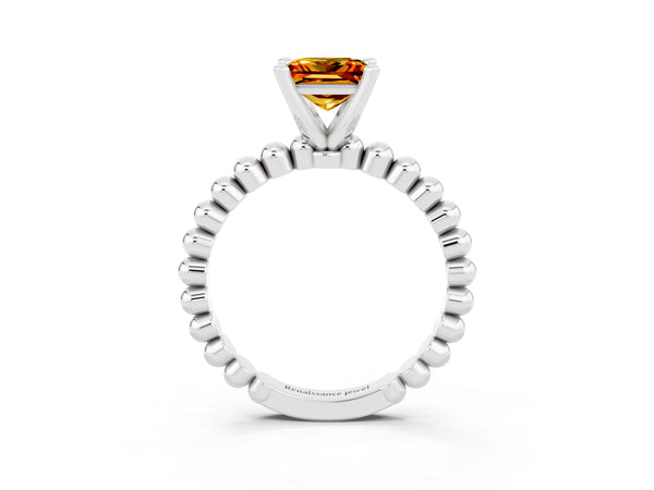 White gold Princess Cut Citrine Solitaire Ring with Beaded Band and Prong Setting