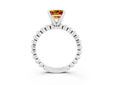 White gold Princess Cut Citrine Solitaire Ring with Beaded Band and Prong Setting_15