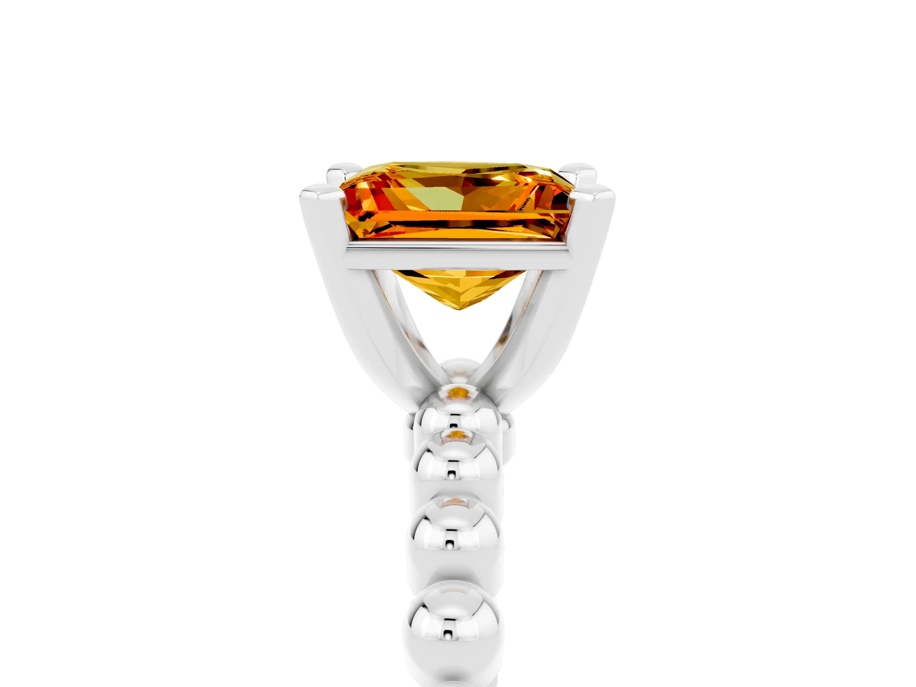 White gold Princess Cut Citrine Solitaire Ring with Beaded Band and Prong Setting_17
