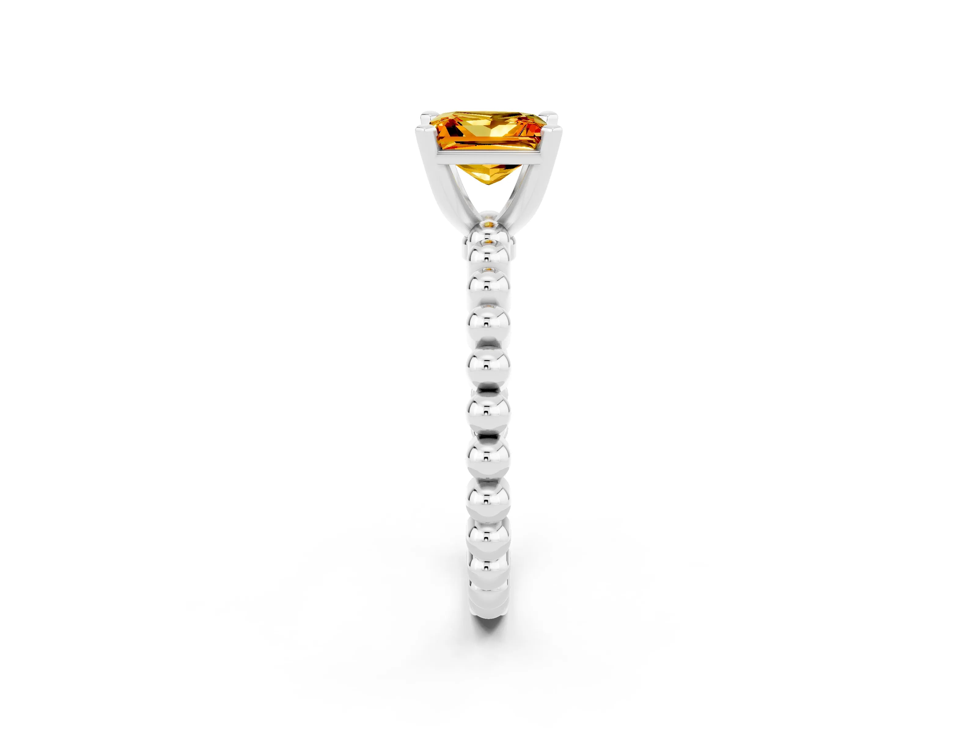 White gold Princess Cut Citrine Solitaire Ring with Beaded Band and Prong Setting_2