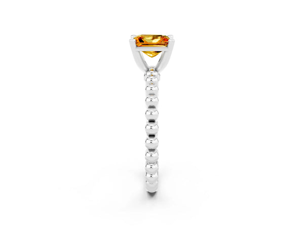 Silver Princess Cut Citrine Solitaire Ring with Beaded Band and Prong Setting