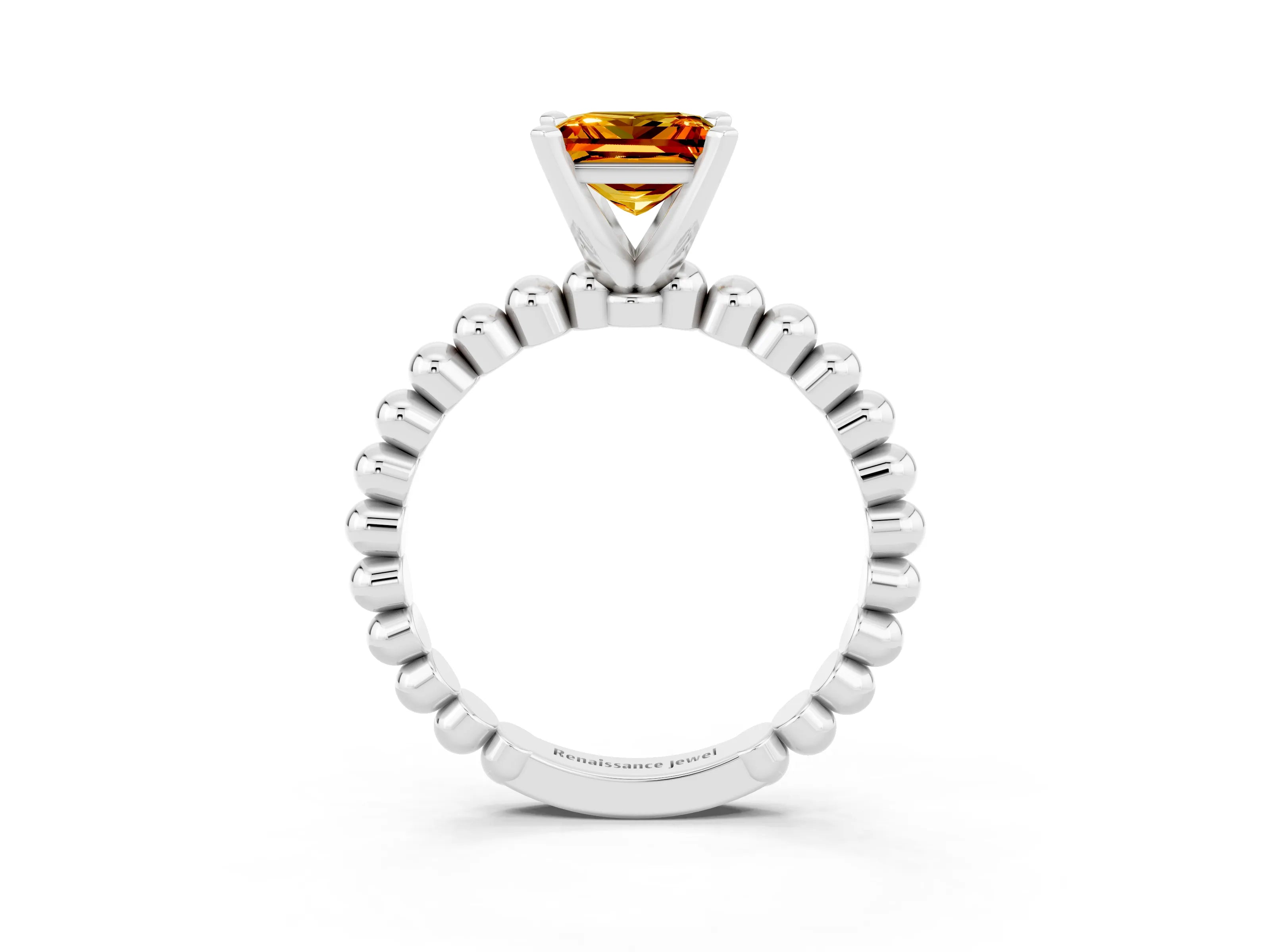 White gold Princess Cut Citrine Solitaire Ring with Beaded Band and Prong Setting_3