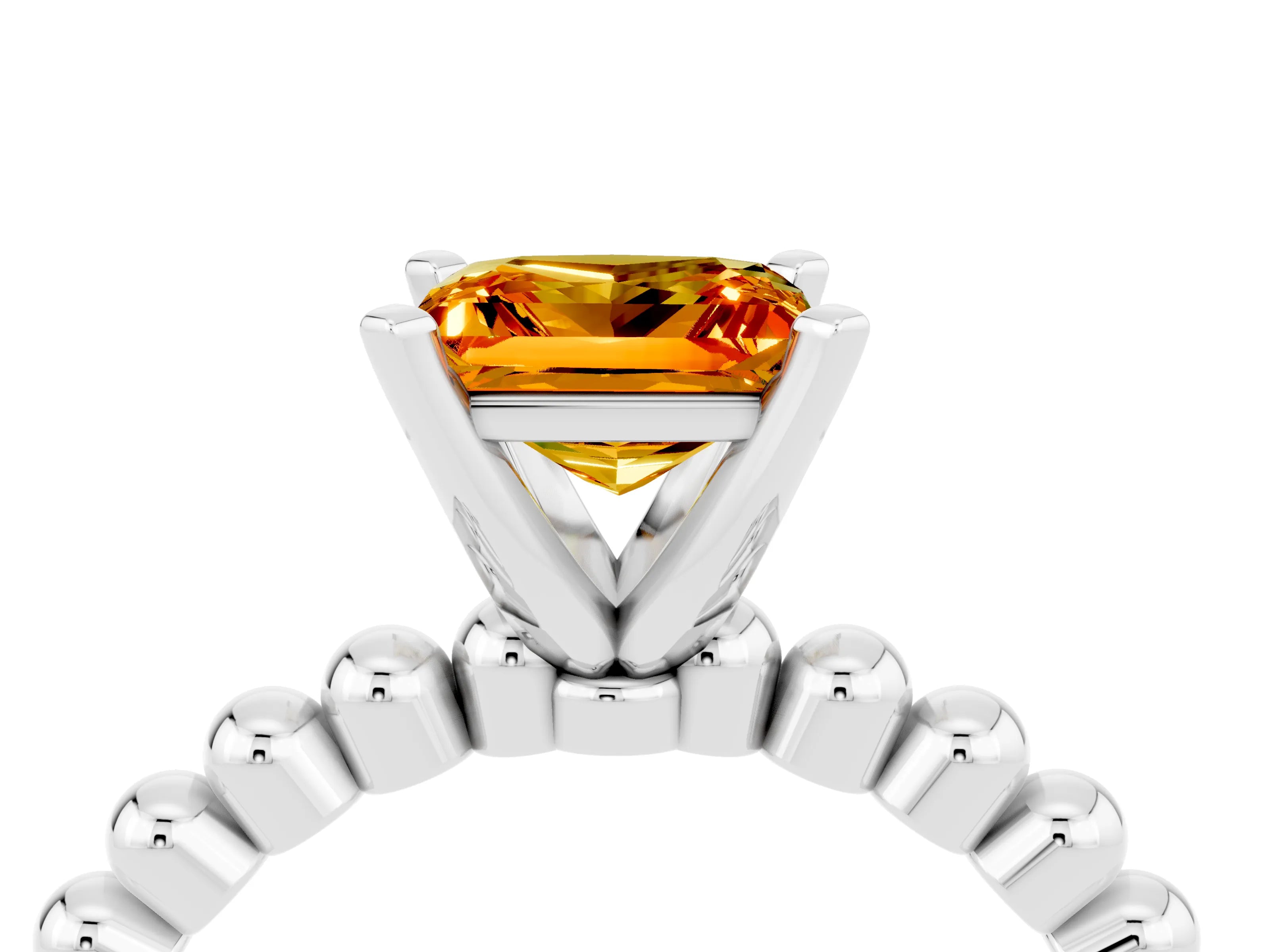 White gold Princess Cut Citrine Solitaire Ring with Beaded Band and Prong Setting_4