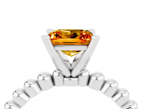 White gold Princess Cut Citrine Solitaire Ring with Beaded Band and Prong Setting_4