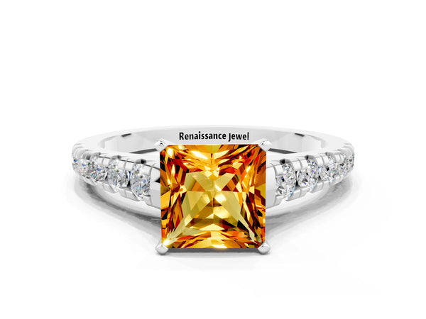 Platinum Princess Cut Citrine Cathedral Solitaire Ring with Round  Pavé Band