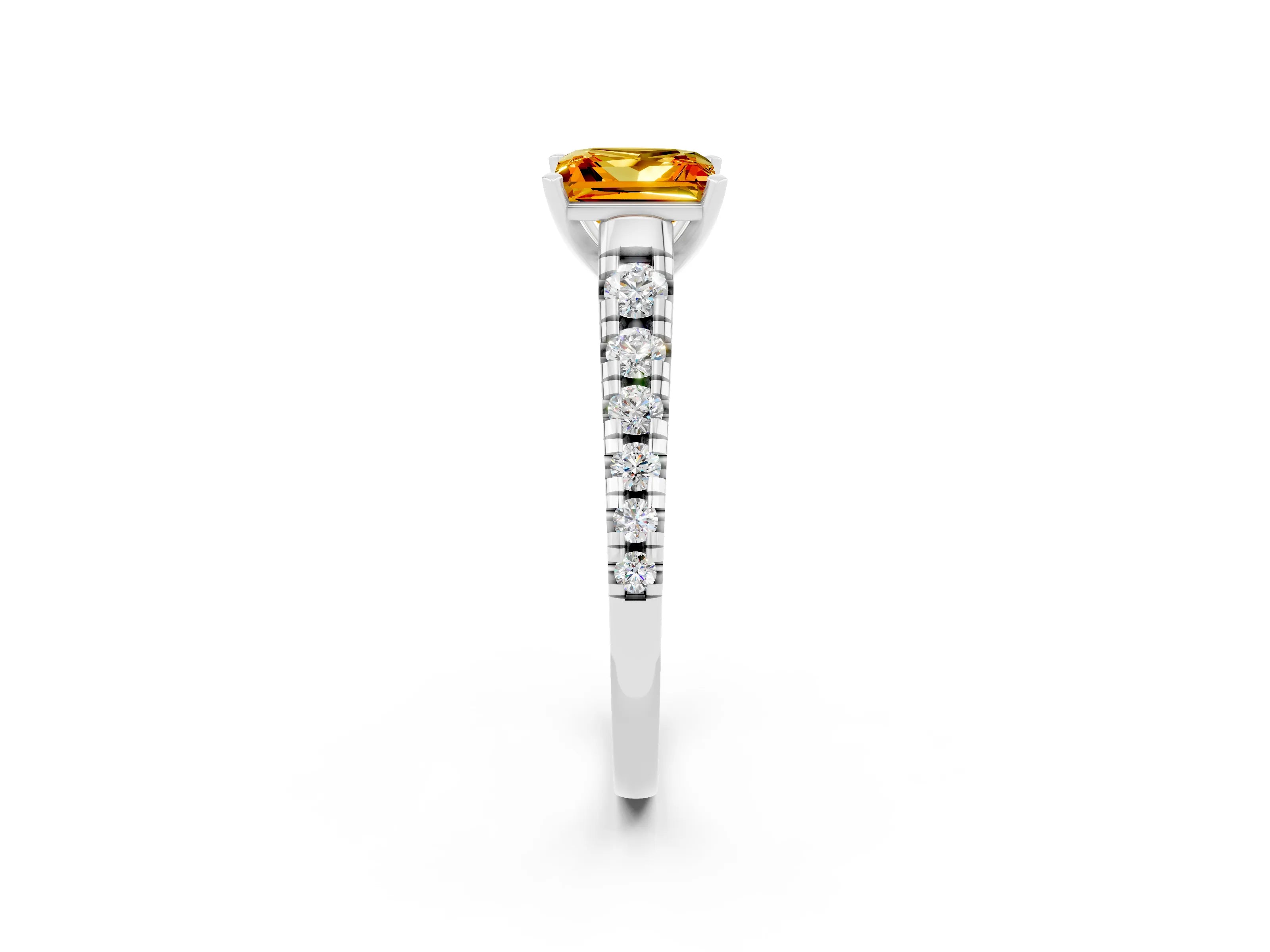 White gold Princess Cut Citrine Solitaire Ring with Cathedral Setting and Pavé Band_2