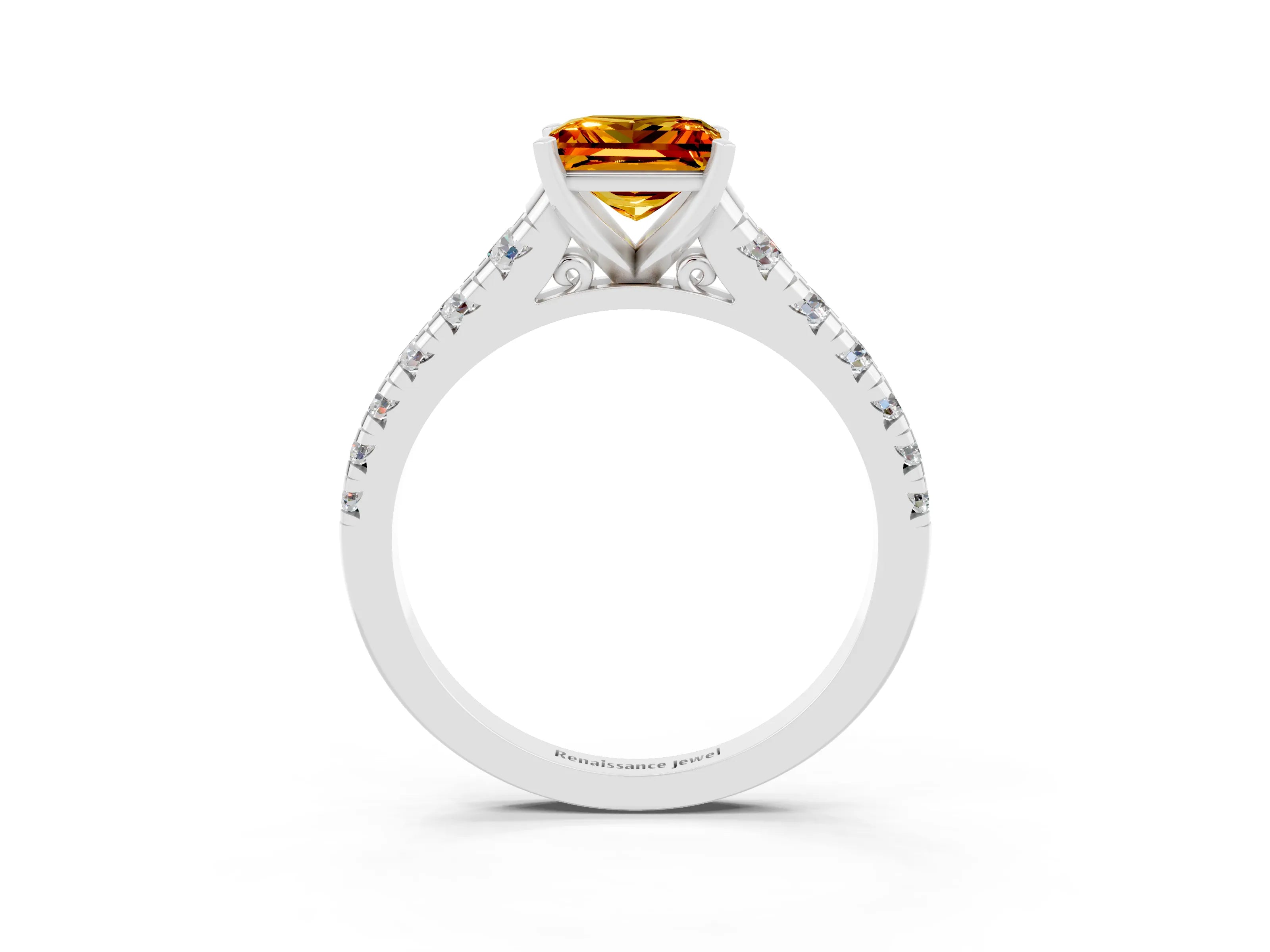 White gold Princess Cut Citrine Solitaire Ring with Cathedral Setting and Pavé Band_3