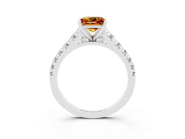 Platinum Princess Cut Citrine Cathedral Solitaire Ring with Round  Pavé Band