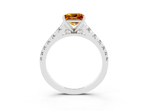 White gold Princess Cut Citrine Solitaire Ring with Cathedral Setting and Pavé Band_3