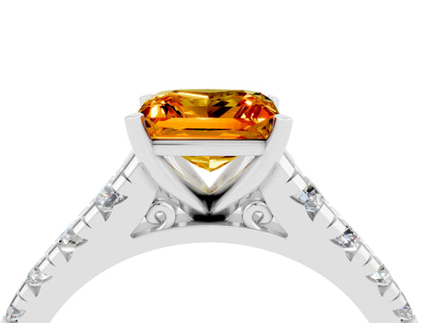 White gold Princess Cut Citrine Solitaire Ring with Cathedral Setting and Pavé Band_4