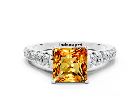 White gold Princess Cut Citrine Solitaire Ring with Cathedral Setting and Pavé Band