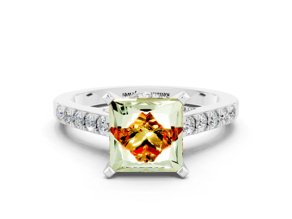 Silver Princess Cut Citrine Solitaire Ring with Crossover Gallery and Round  Pavé Band