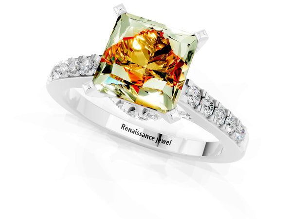 White gold Princess Cut Citrine Solitaire Ring with Crossover Gallery and Round  Pavé Band