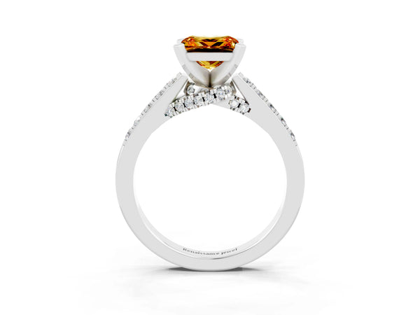 Silver Princess Cut Citrine Solitaire Ring with Crossover Gallery and Round  Pavé Band