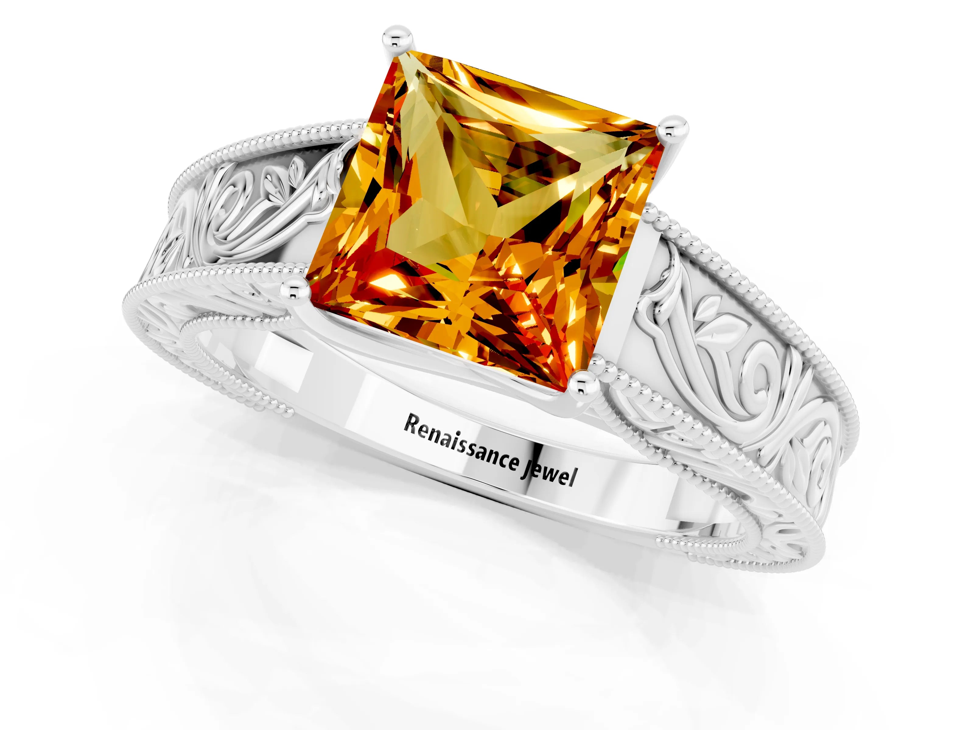 White gold Princess Cut Citrine Solitaire Ring with Engraved Band and Four-Prong Setting_1