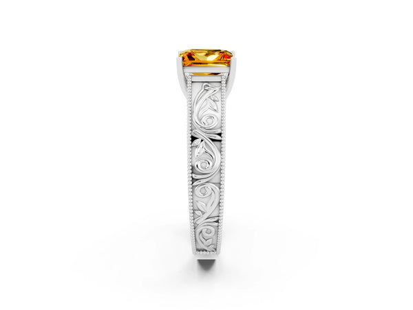 Platinum Princess Cut Citrine Solitaire Ring with Engraved Band and Four-Prong Setting