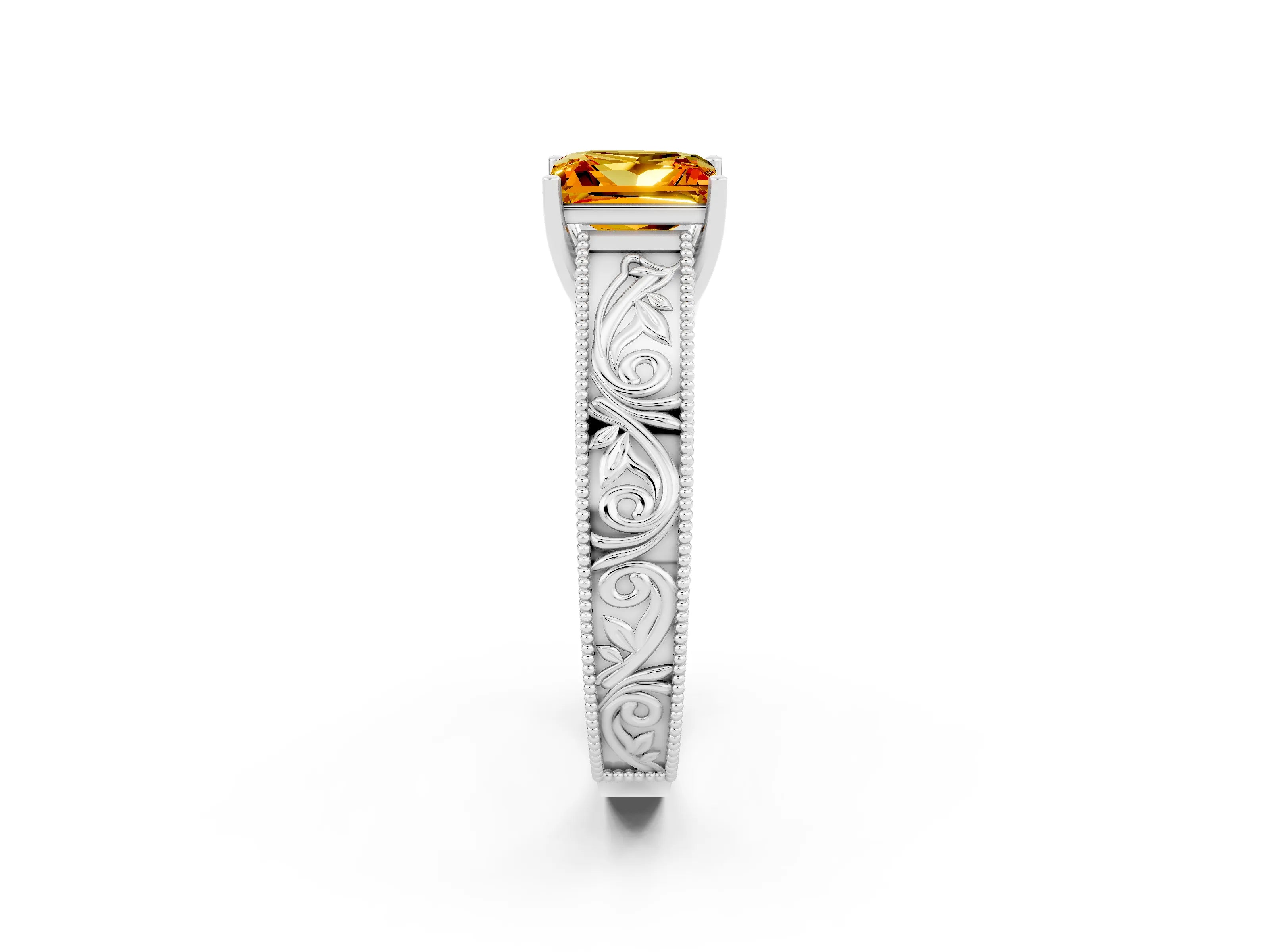 White gold Princess Cut Citrine Solitaire Ring with Engraved Band and Four-Prong Setting_2