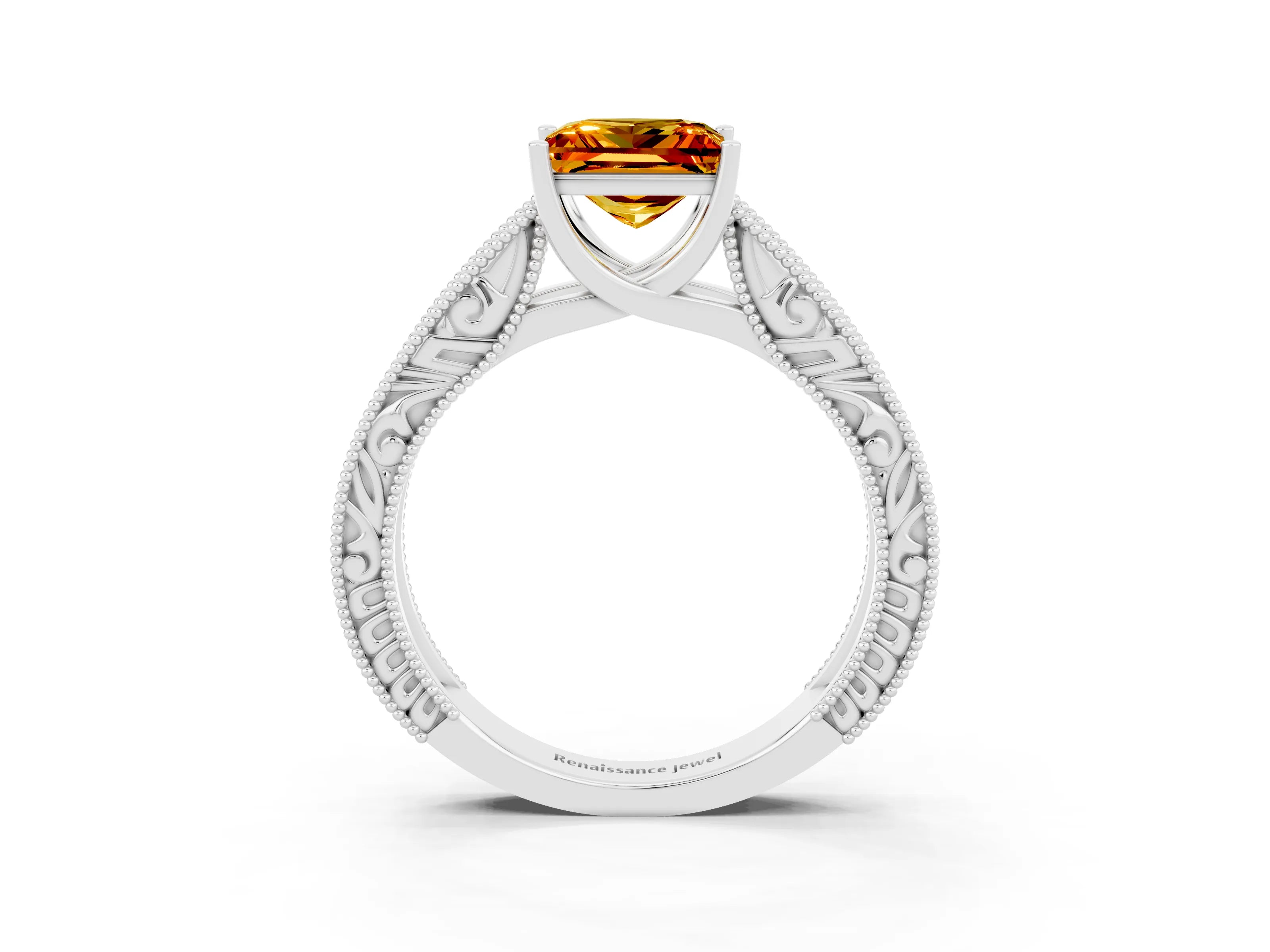White gold Princess Cut Citrine Solitaire Ring with Engraved Band and Four-Prong Setting_3