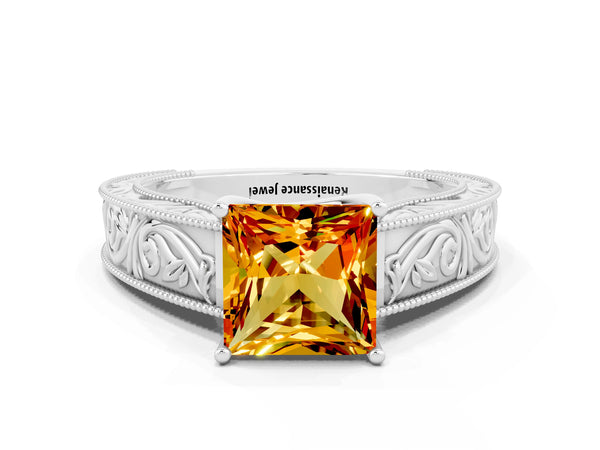 White gold Princess Cut Citrine Solitaire Ring with Engraved Band and Four-Prong Setting