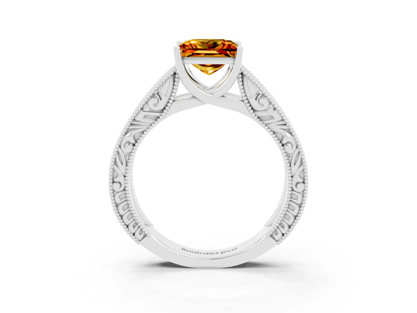 Silver Princess Cut Citrine Solitaire Ring with Engraved Band and Four-Prong Setting